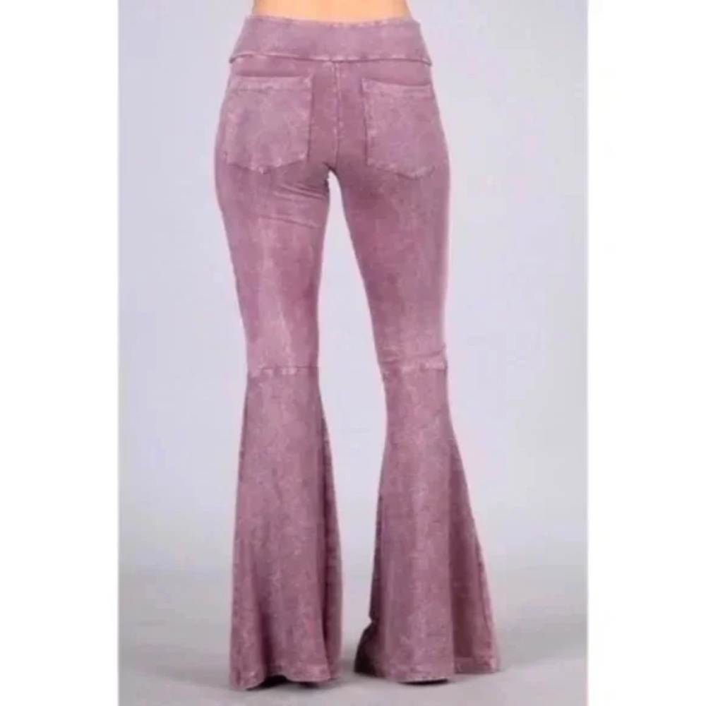 Dusty Rose Mineral Wash French Terry Flared Bell Bottom Pull On Pants w/ Pockets - Picture 1 of 5
